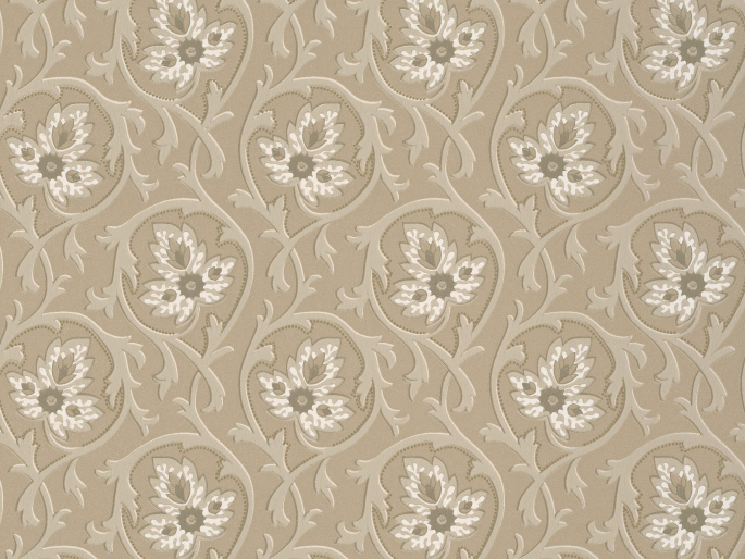 Taupe kleurig behang met een patroon van krullen en bloemen Hoja - Portland Stone